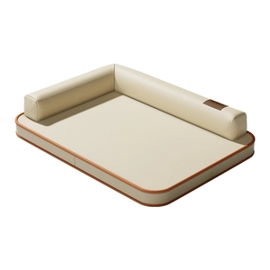Panier pour chien en similicuir imperméable en forme de L, crème avec bord brun