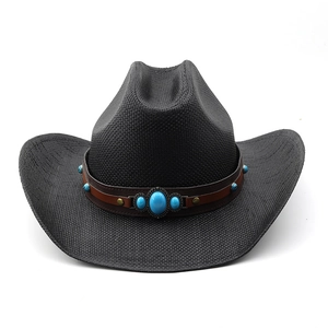Chapeau de cowboy en paille noire avec accents turquoise et large bord pour protection solaire
