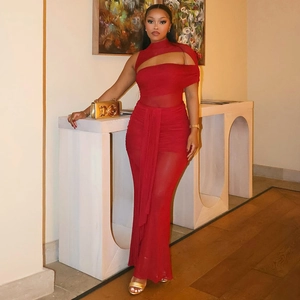 Damen Bodycon Maxikleid Mesh Spleißen Ausschnitt Ärmellos Neckholder Gerafft Einfarbig Sexy Party Clubwear