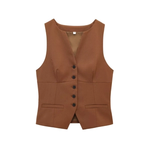 Gilet marron pour femme avec col en V, 5 boutons et poches décoratives de style chic
