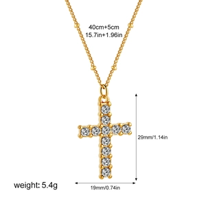 Golden stainless steel cross pendant necklace with white zircons and dimensions display
