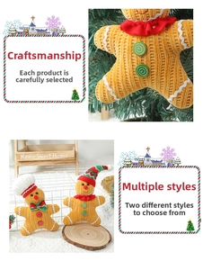 Detail of gingerbread man plush pendant with chef and Santa hats for Christmas decor