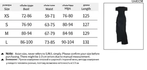 Size chart for sparkling off-shoulder slit dress with XS-L measurements in centimeters