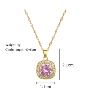 Detail view of pink stone square pendant with dimensions and weight specifications