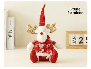 Close-up of sitting reindeer gnome with red snowflake hat and knitted scarf decor