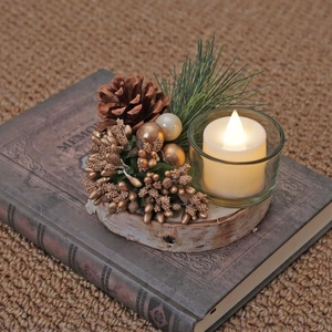 Rustic Christmas candle holder with LED candle, pine cones, and berries on wood base