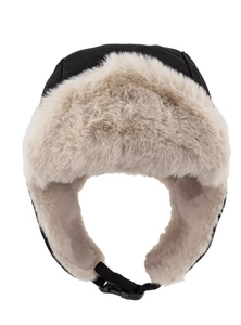Detail of winter trapper hat with warm faux fur lining and adjustable chin strap