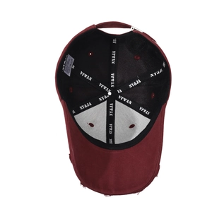 Burgundy distressed baseball cap with NY&JA embroidered branding on interior tapes