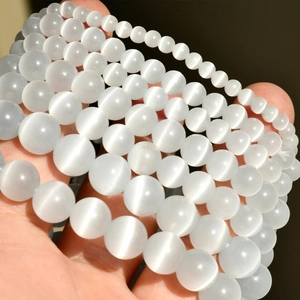 Elegant white cat eye stone beaded bracelets with natural light chatoyancy effect