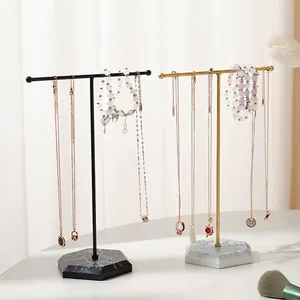 Jewelry Display Stand T-Bar Metal Iron Necklace Bracelet Organizer With Marble Texture Base Desktop Nordic Style