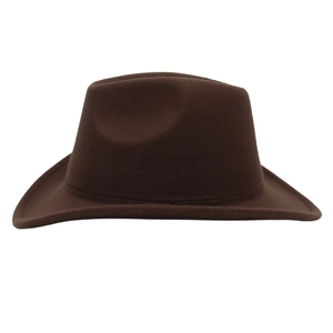 Detailed view of brown wool felt cowboy hat with classic pinched crown and wide brim