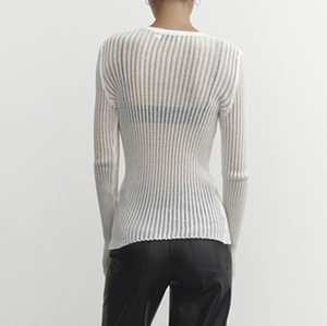 Slim fit white ribbed long sleeve knit top with breathable semi-sheer fabric back view