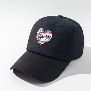 Close-up of black cotton baseball cap featuring MAMA heart embroidery and baseball stitching