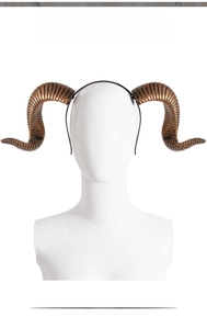 Front view of DIY detachable bronze ram horn headband for Halloween party hair styling