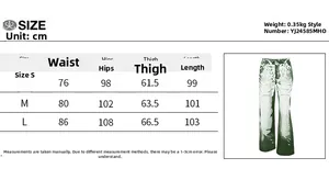 Size chart showing waist, hips, and length measurements for women's printed casual pants