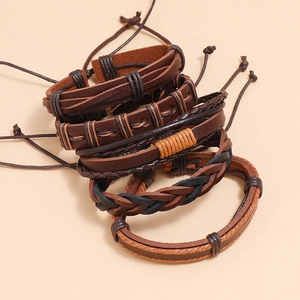 5-piece vintage braided leather bracelet set in brown tones with multi-layer beaded designs