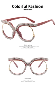 Detailed view of oversized pink cat-eye glasses frame with sparkling white rhinestones