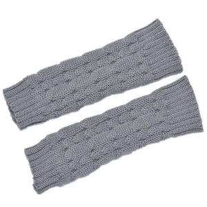 Close-up of gray cable-knit fingerless arm warmers with detailed braided texture