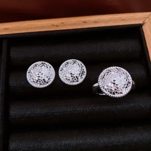 Bijoux En Cuivre Texture Martelée Ronde Boucles D'oreilles Et Bague Réglable Style Français Avec Tige En Argent Pour Femmes