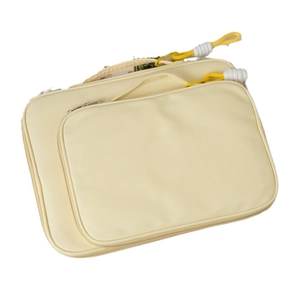 Minimalist light yellow laptop sleeve with handles and front pocket for daily commute