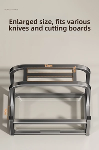Detail of gunmetal kitchen organizer with multi-slot knife holder and drain tray