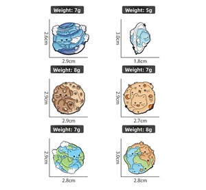Detailed size and weight chart for eco-friendly cat and planet enamel pin set