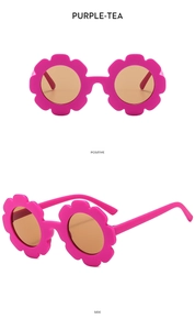 Front and side views of purple flower-shaped sunglasses for kids with tea lenses