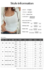 Tableau des tailles et détails du tissu pour ce t-shirt ajusté à col en U et dentelle