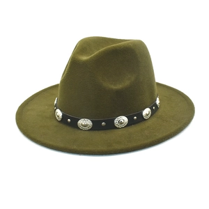 Detail of olive green wool fedora with black leather belt and silver metal studs