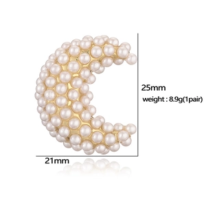 Elegant gold-tone crescent moon stud earrings inlaid with white pearls 25mm height
