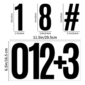 Detailed size chart for 6-inch waterproof black vinyl number decals and hashtags