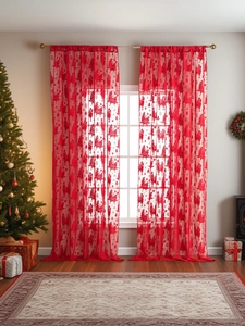 Red Christmas lace sheer curtain with Santa and tree motifs for festive home decor