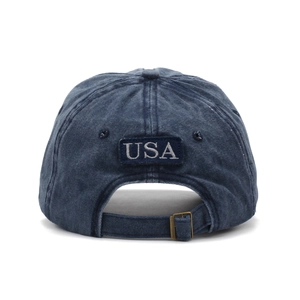Rear view of navy blue denim baseball cap featuring USA embroidery and metal buckle