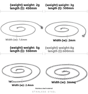 Size guide for stainless steel cable chain necklaces with length and width dimensions