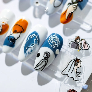 3D embossed wedding nail stickers with minimalist bride and groom line art on white stiletto nails