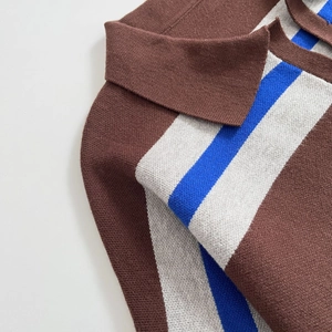 Women's vintage striped polo knit sweater in brown and blue with a classic collar