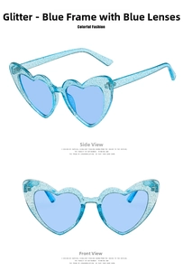 Detailed views of heart-shaped glitter sunglasses with blue frames and tinted lenses