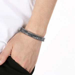 Retro Chinese style titanium steel open bangle with embossed longevity characters for men