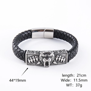 Men Braided Leather Bracelet With Stainless Steel Lion Head Charm Retro Punk Style Animal Jewelry For Masculine Gift