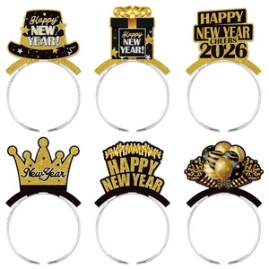 Happy New Year 2026 Headbands Party Hats Glitter Cardstock Foil Festive Cheers Photo Booth Props Black Gold Celebration