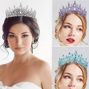 Sparkling crystal crown tiara set available in silver purple and blue colors for birthday queen