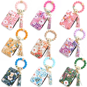 Floral print card holder set with silicone bead wristlet and leather tassel in nine colors