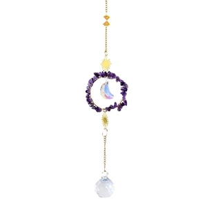 Golden suncatcher with purple crystal stones, rainbow moon pendant and faceted glass prism