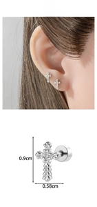 Detail view showing gothic cross stud earring dimensions of 0.9cm height and 0.58cm width