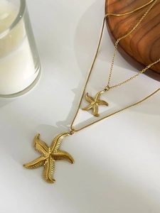 Detailed close-up of 18k gold starfish necklaces with textured surfaces on white background