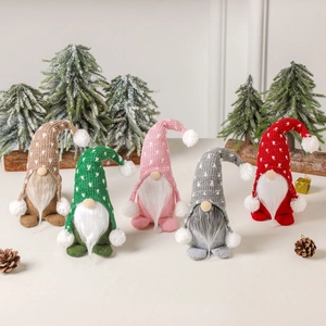Set of five Nordic Christmas gnomes with knitted heart hats and long white beards