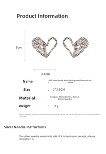 Detail view of heart earrings with S925 silver needle, zircon settings and size specs