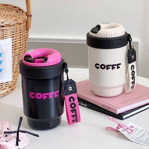Portable stainless steel coffee mugs with carrying straps and lids in black and beige