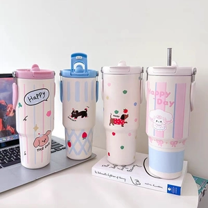 Insulated 40oz stainless steel tumblers with cute cartoon illustrations and straws