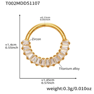 Detailed dimensions of titanium alloy nose ring with 5A zircon in golden finish